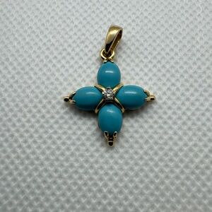 14k Yellow Gold Sleeping Beauty Turquoise Cross with A Diamond Clover Flower